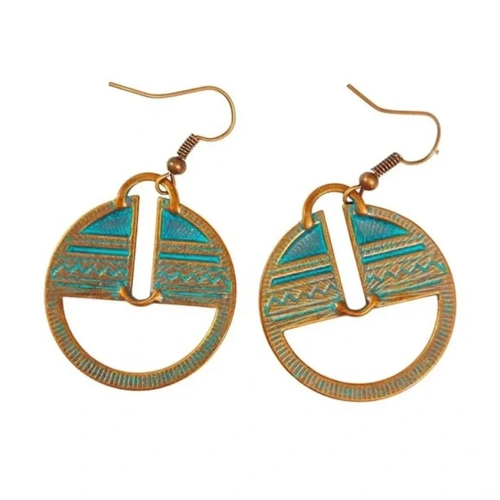 New Womans Turquoise Patina Round Metal Tribal Style Bronze Dangle Hook Earrings